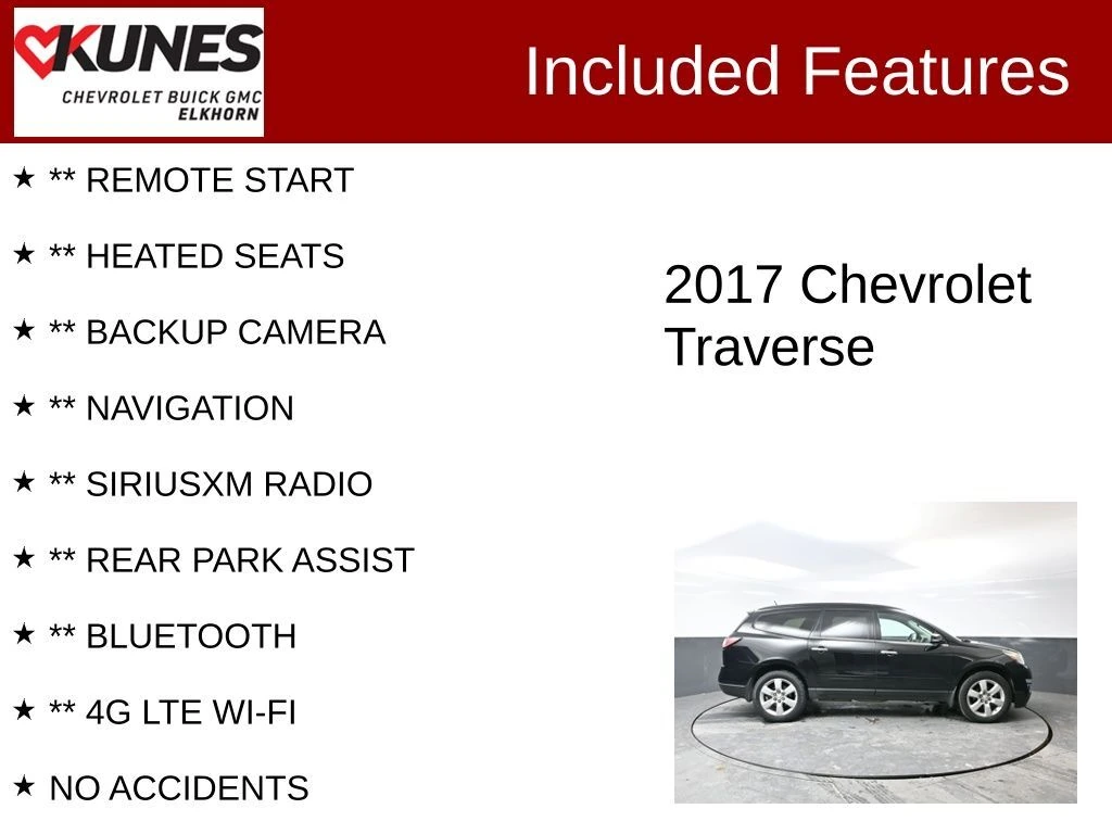 Used 2017 Chevrolet Traverse 1LT with VIN 1GNKVGKD7HJ124654 for sale in Elkhorn, WI