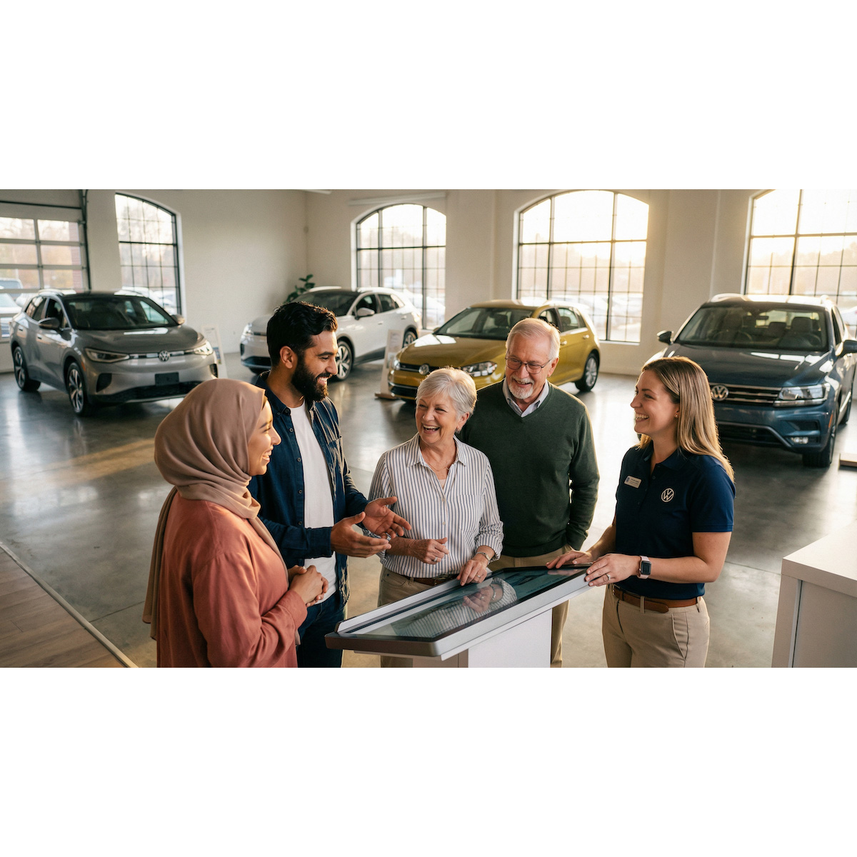 Customers speaking with a sales specialist inside the Platinum Volkswagen dealership showroom in Hicksville Long Island NY