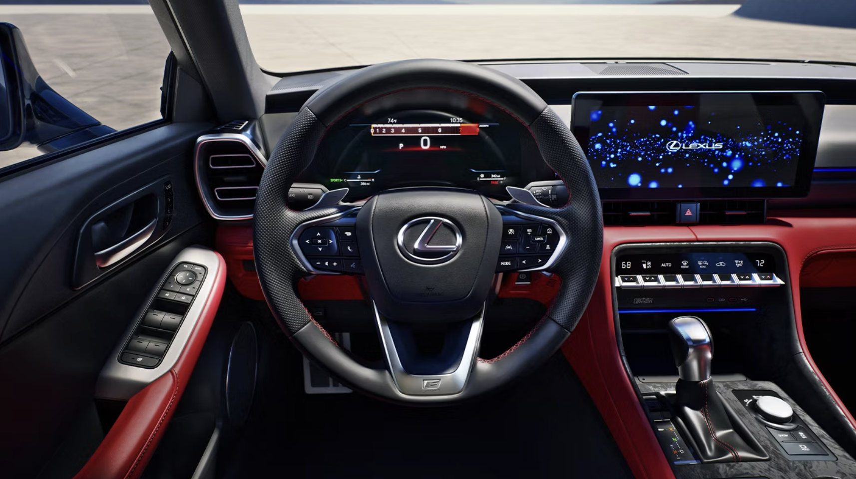 The 2026 Lexus IS 350 shown with Radiant Red NuLuxe and Satin trim