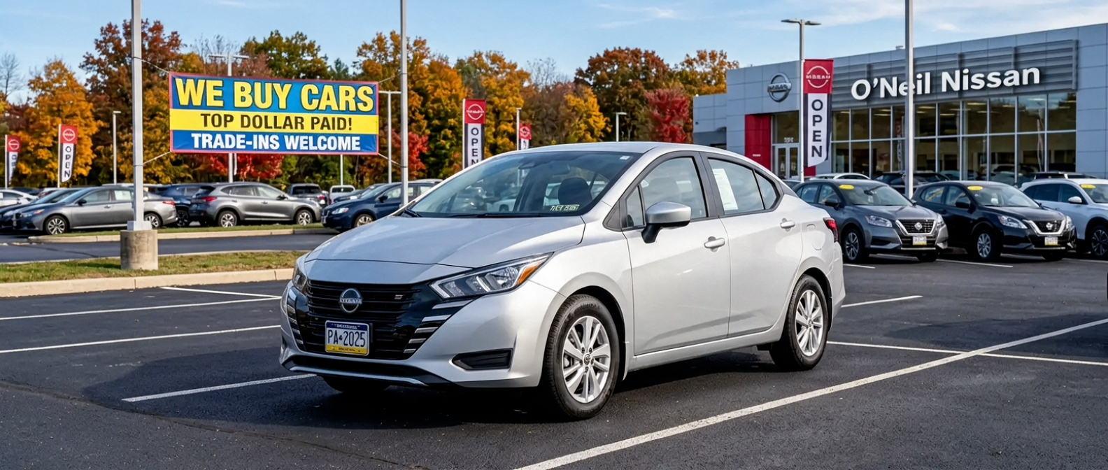 2025 Nissan Versa sedan at a Horsham-area Nissan dealership ready for trade-in appraisal