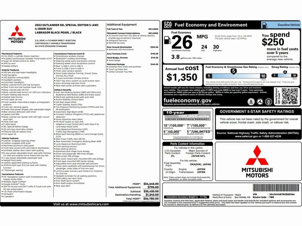 Used 2022 Mitsubishi Outlander SEL Special Edition with VIN JA4J4VA87NZ083966 for sale in Trooper, PA
