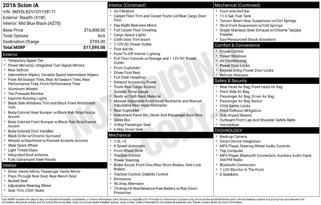 Used 2016 Scion iA Base with VIN 3MYDLBZV1GY128171 for sale in Highland Park, IL