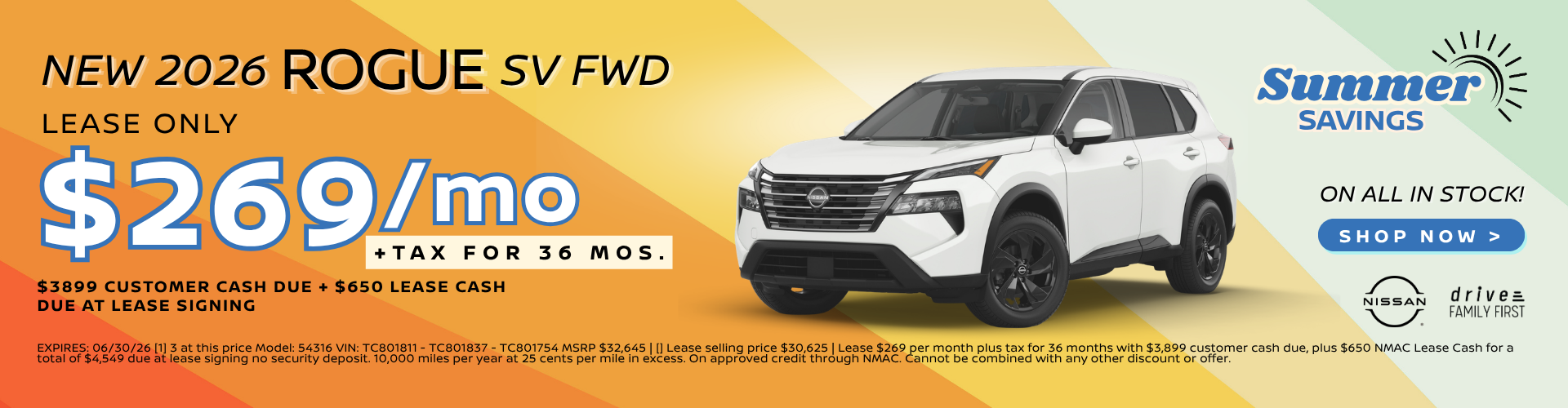 New 2026 Rogue SV Lease $269/mo. for 36 mos.