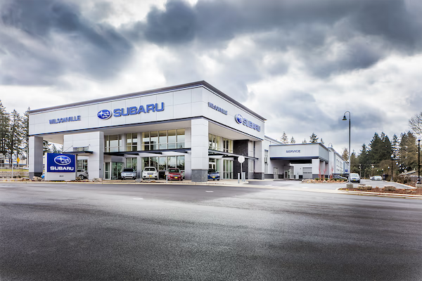 Exterior of the Wilsonville Subaru dealership on a cloudy day