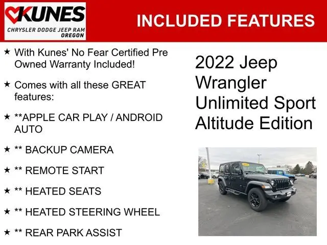 Used 2022 Jeep Wrangler Unlimited Altitude with VIN 1C4HJXDG5NW105881 for sale in Oregon, IL