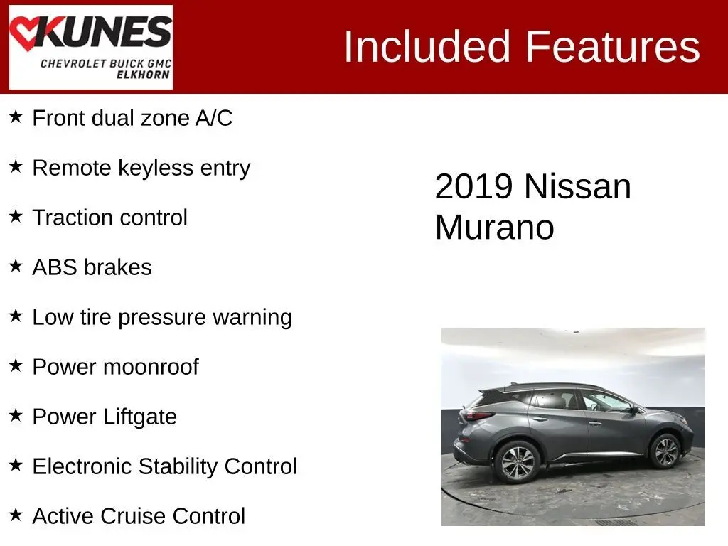 Used 2019 Nissan Murano S with VIN 5N1AZ2MS5KN115695 for sale in Elkhorn, WI