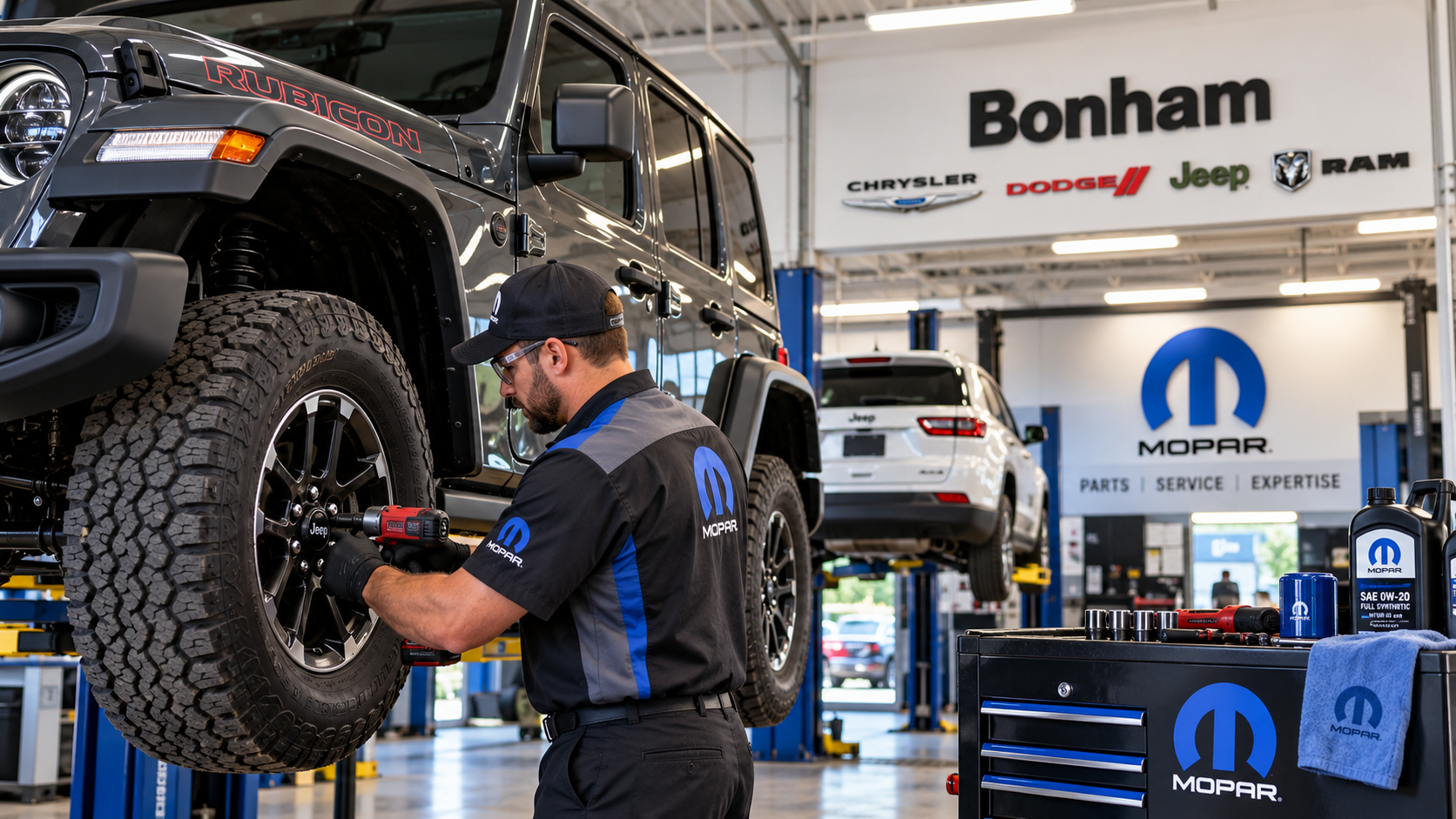 Jeep Wrangler receiving Mopar service at Bonham Chrysler Dodge Jeep Ram in Bonham, TX