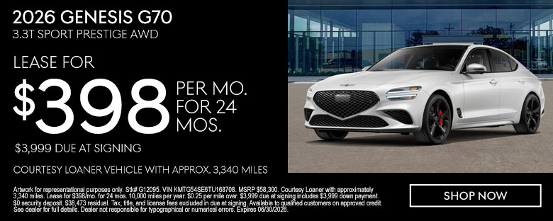 Lease the 2026 Genesis G70 2.5T Sport Prestige AWD for $398/mo.