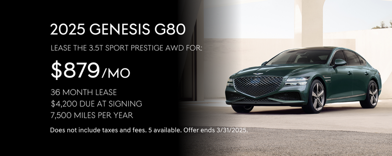 Lease the 2025 Genesis G80 3.5T Sport Prestige AWD for $879/mo.