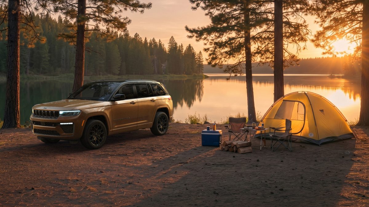 2027 Jeep Grand Cherokee Exterior Driver Side Front Profile while Camping