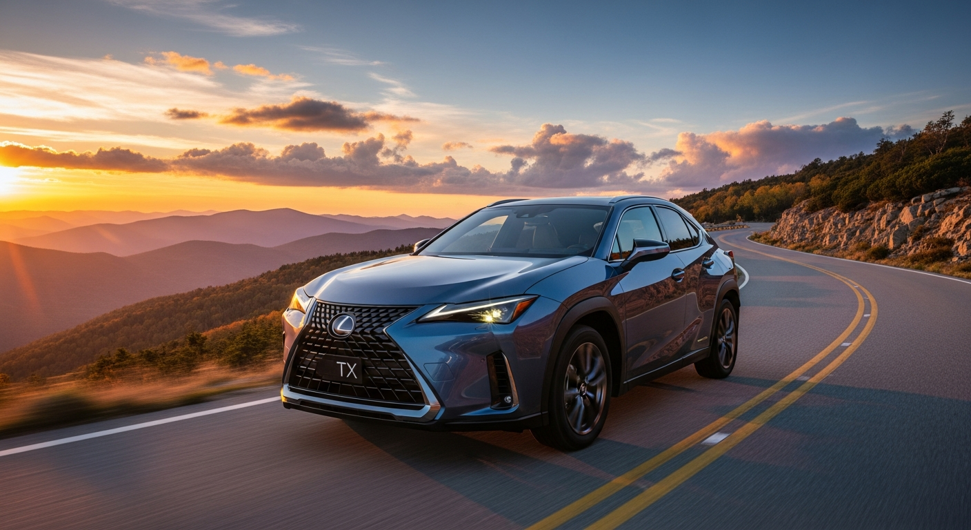 2026 Lexus TX three-row luxury SUV driving on a scenic road