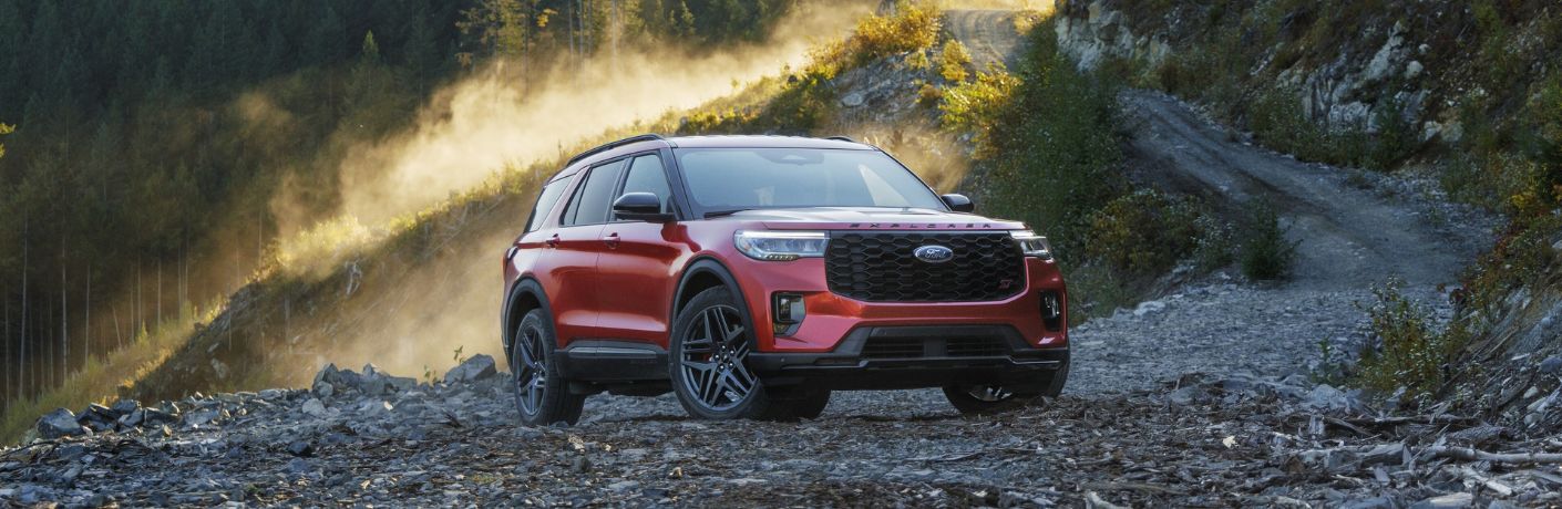 Red 2025 Ford Explorer ST Front Exterior on a Mountain Trail