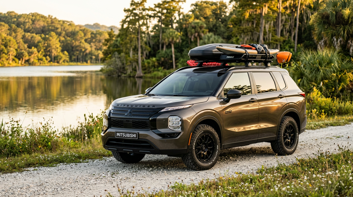Bronze Mitsubishi Outlander SUV with off-road tires and loaded roof rack parked on a lakeside trail.