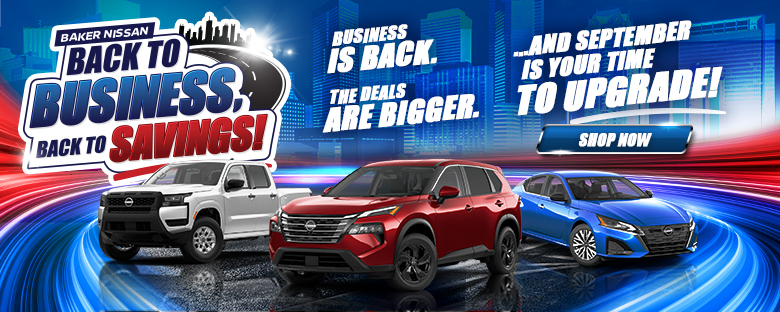 Baker Nissan Houston September sales event featuring Nissan Frontier, Rogue and Sentra with Back to Business, Back to Savings offers.