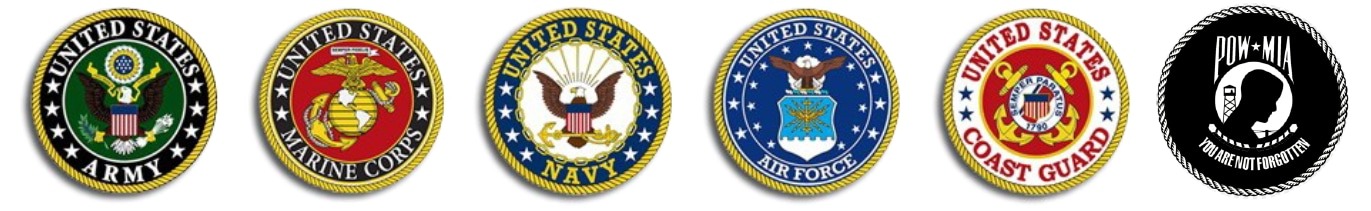 Seals of the U.S. Army, Marine Corps, Navy, Air Force, Coast Guard and the POW/MIA emblem