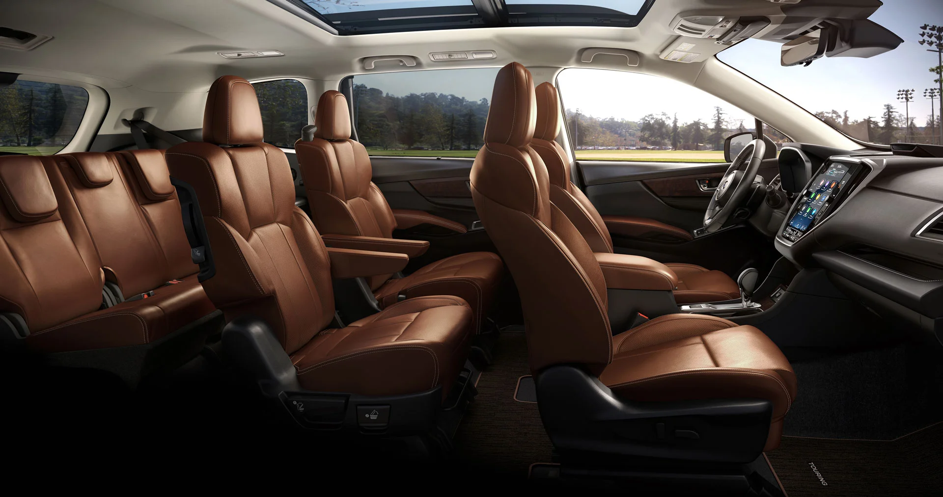 2023 Subaru Ascent cabin with brown leather second-row captain's chairs