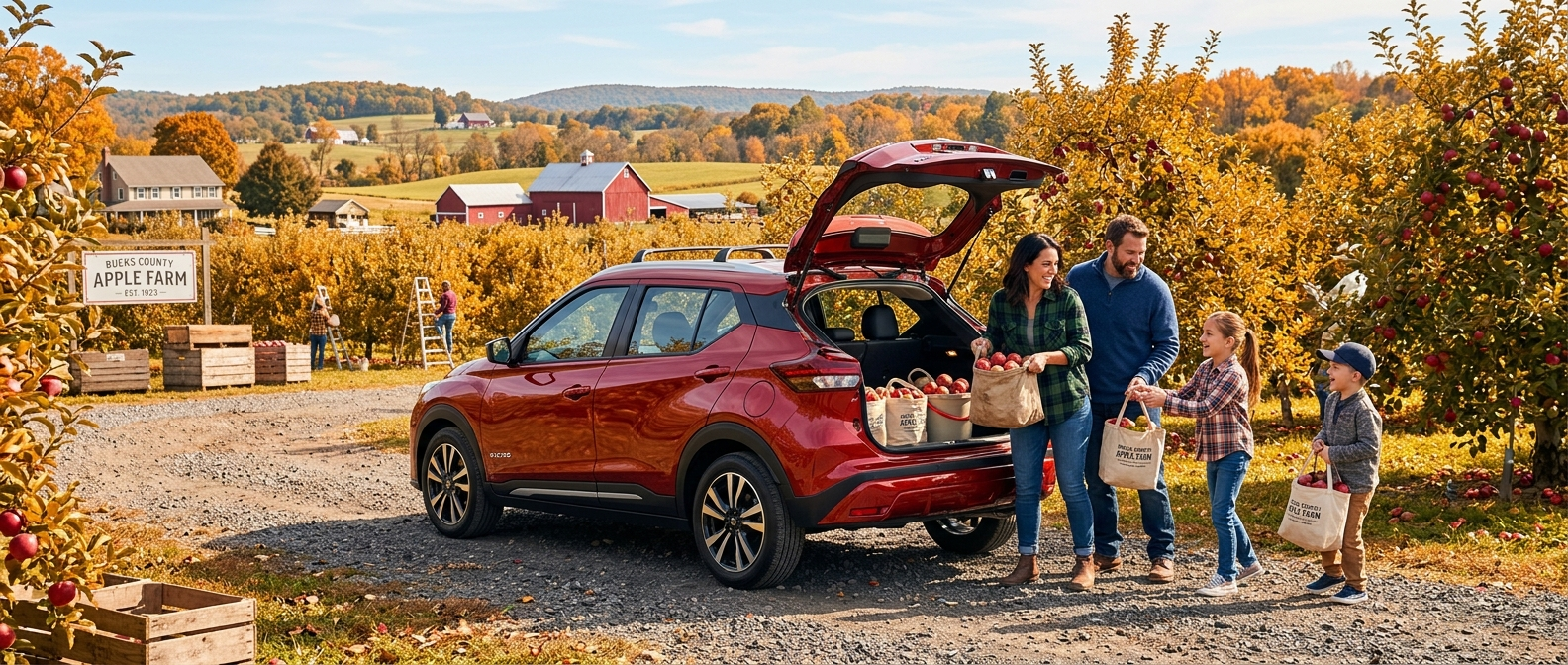 2026 Nissan Kicks hatchback open at a Bucks County apple orchard with family loading picking bags in fall foliage