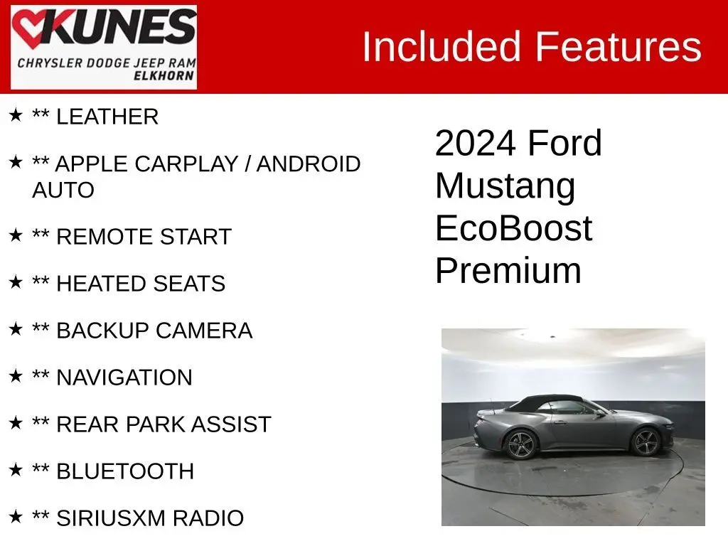 Used 2024 Ford Mustang EcoBoost Premium with VIN 1FAGP8UH3R5133544 for sale in Elkhorn, WI