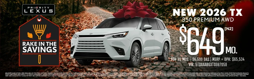 Priority Lexus Rake in the Savings banner: white 2026 Lexus TX 350 Premium AWD with red gift bow on autumn cobblestone path, lease monthly payment offer.