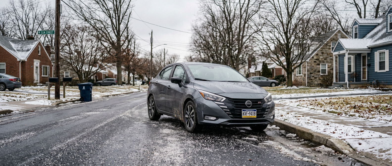 2025 Nissan Versa on a salt-dusted winter street in Horsham, PA