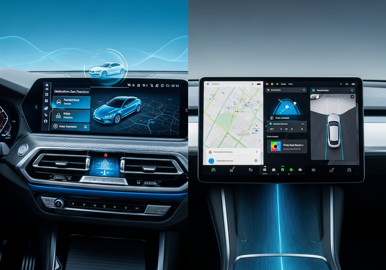Close-up of advanced vehicle infotainment and HUD display.
