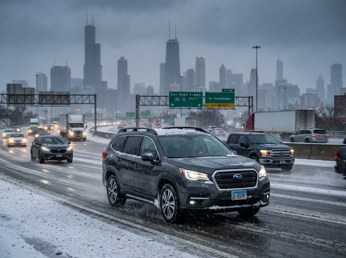 Chicago in winter with snowy streets, urban driving conditions