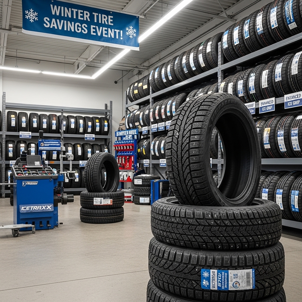 Close-up of winter tire tread in snow