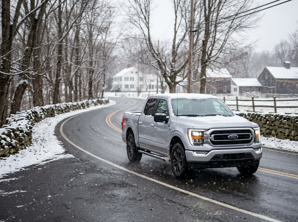 Ford F-150 driving through light snow in Connecticut