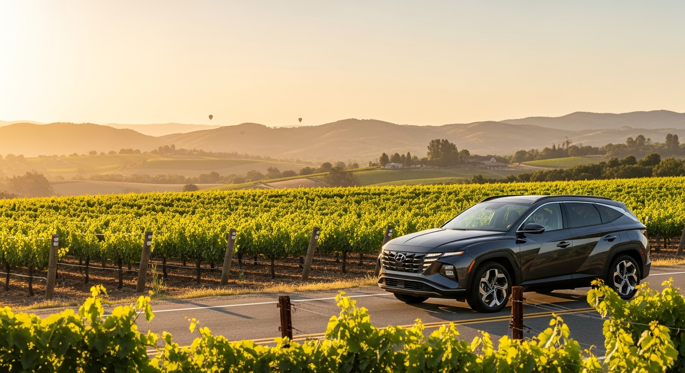 Hyundai SUV driving near Temecula vineyards at sunset