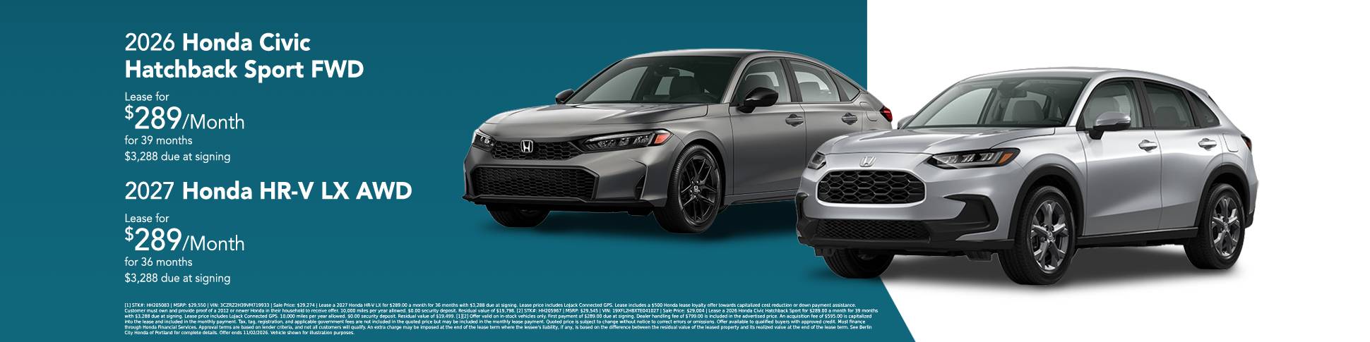 New 2027 Honda HR-V LX AWD  OR New 2026 Honda Civic Hatchback Sport FWD