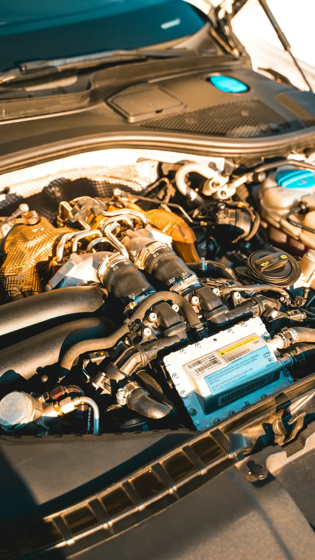 Close-up of an Audi engine bay showing twin turbochargers, labeled B1 and B2 hoses, and an Audi-branded warning sticker