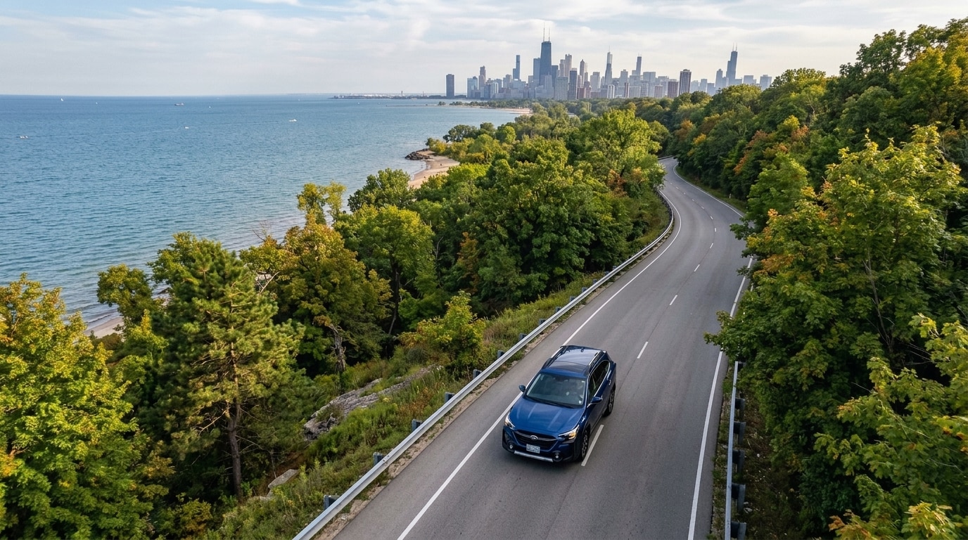 A Subaru Outback driving a way from Chicago