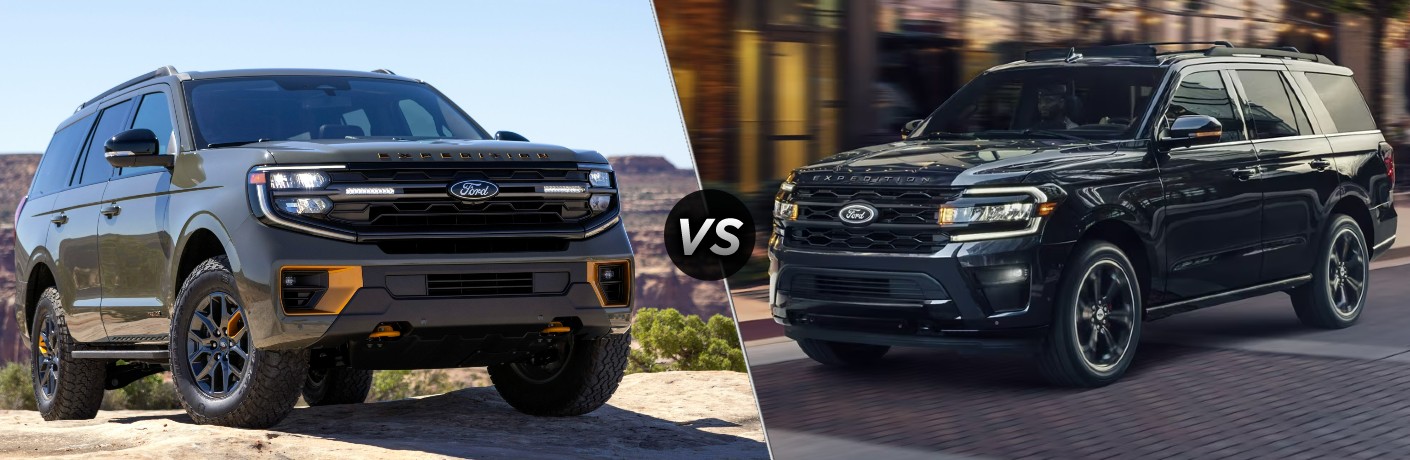 Green 2025 Ford Expedition Tremor on Desert Trail vs Black 2024 Ford Expedition on City Street