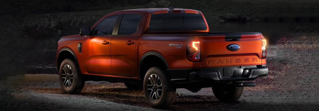 Orange 2024 Ford Ranger Rear Exterior at Night