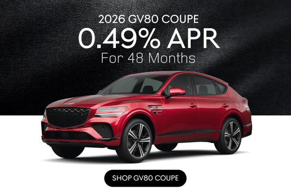 2026 Genesis GV80 Coupe in red with promotional offer of 0.49% APR for 48 months.