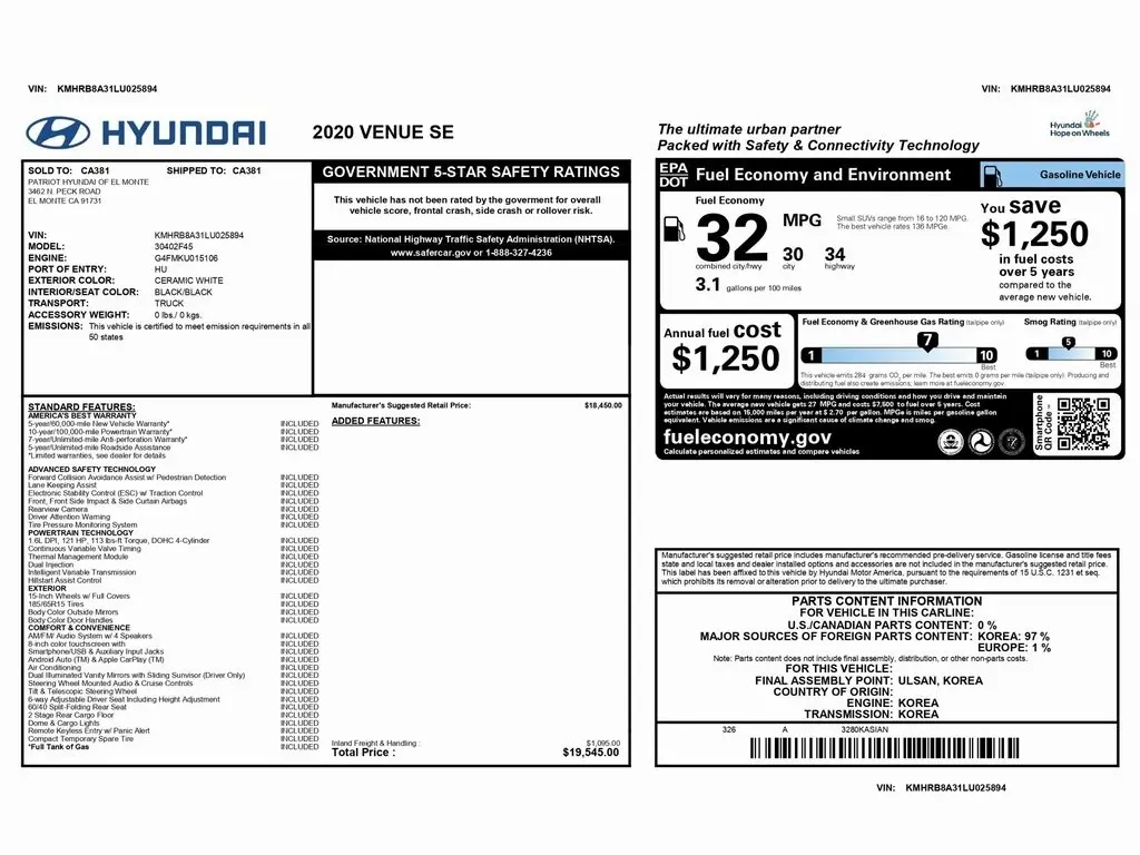 Used 2020 Hyundai Venue SE with VIN KMHRB8A31LU025894 for sale in Trooper, PA