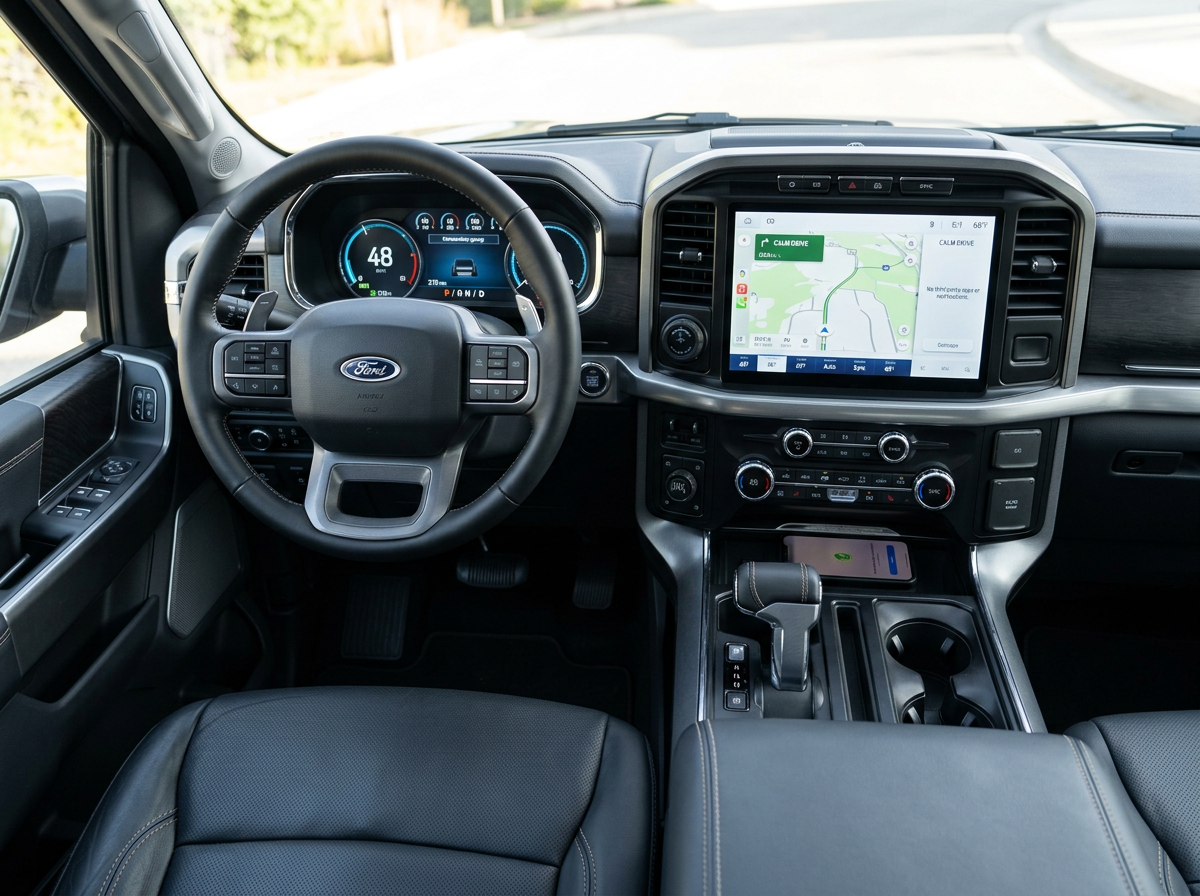 Ford F-150 interior with large touchscreen and SYNC 4 interface