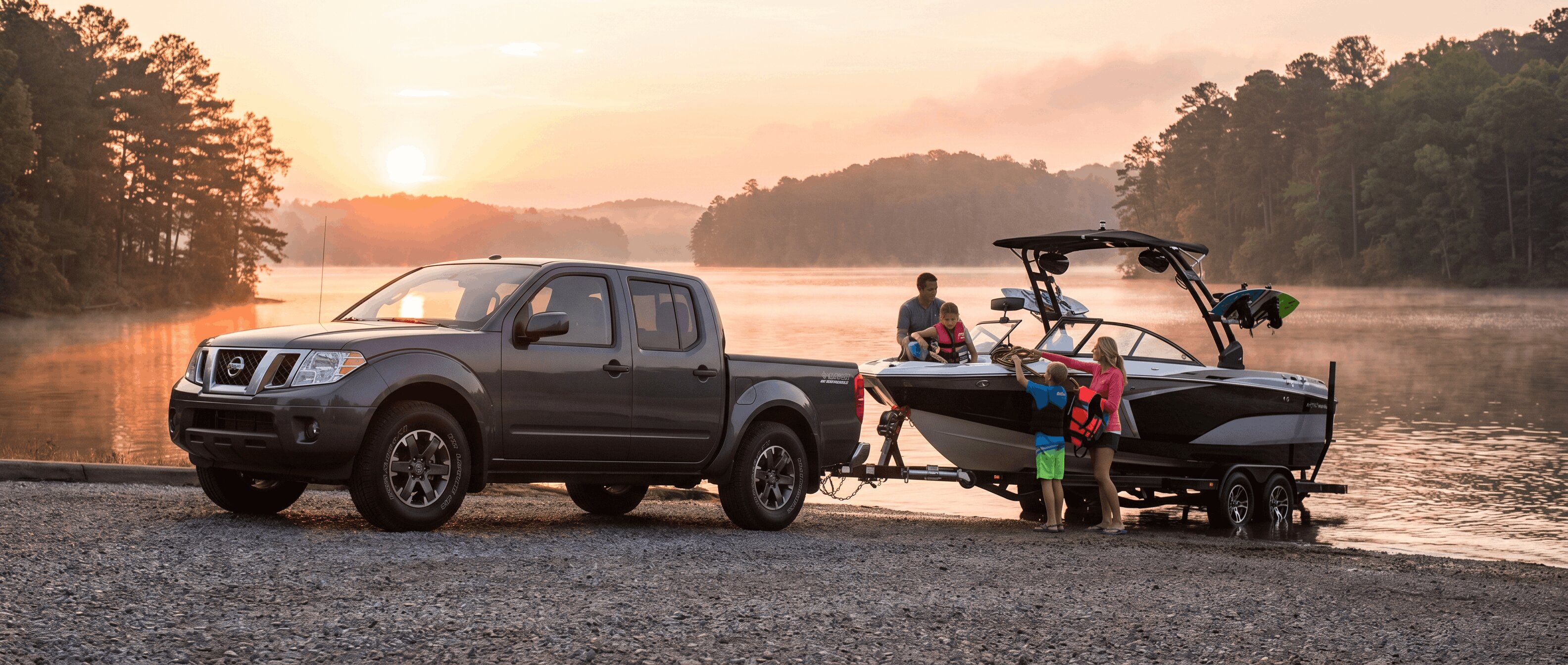 Nissan Frontier towing boat at Lake Lanier boat launch near Roswell, GA