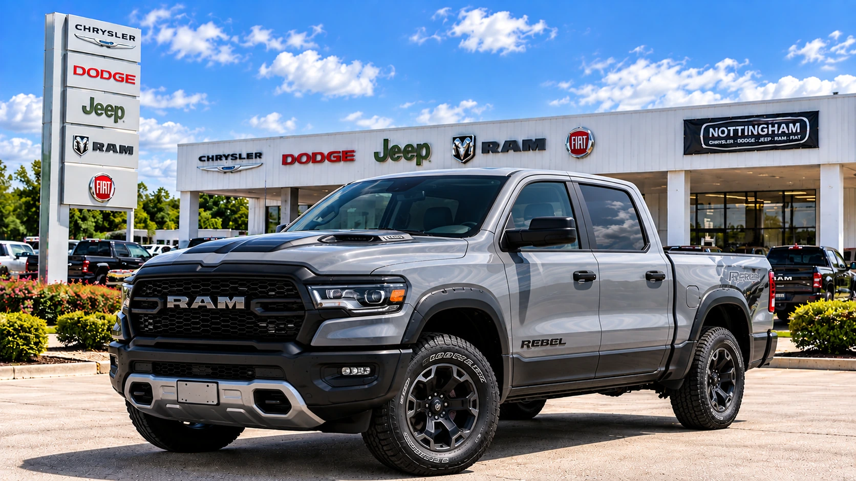 Illustration of a gray RAM 1500 Rebel pickup