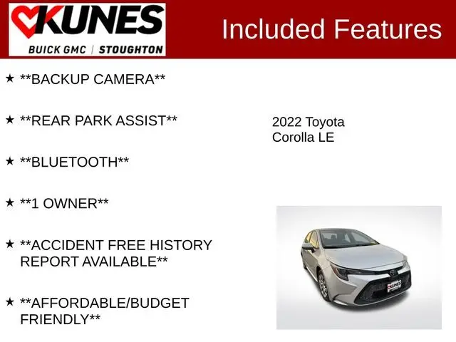 Used 2022 Toyota Corolla LE with VIN 5YFEPMAEXNP311760 for sale in Stoughton, WI