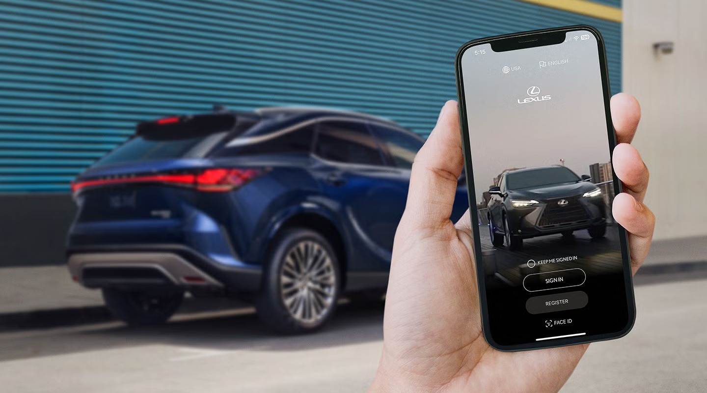 Exterior of the Lexus ES showing Remote Services within the Lexus app.