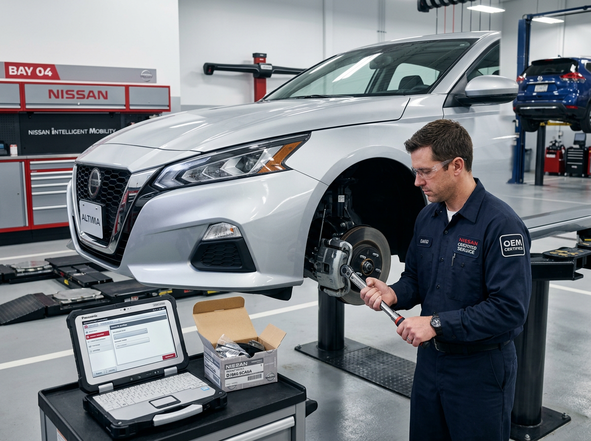 Certified Nissan technician performing OEM service on a Nissan vehicle in a dealership service bay