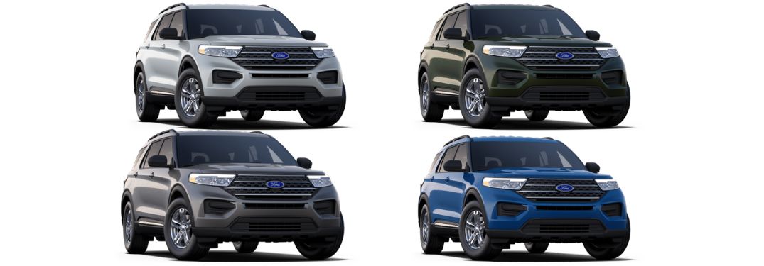 Iconic Silver, Forged Green, Carbonized Gray and Atlas Blue 2024 Ford Explorer Models on White Background