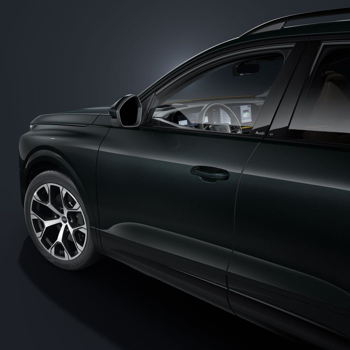 2027 Audi Q9 side profile with door, wheel and roof rail