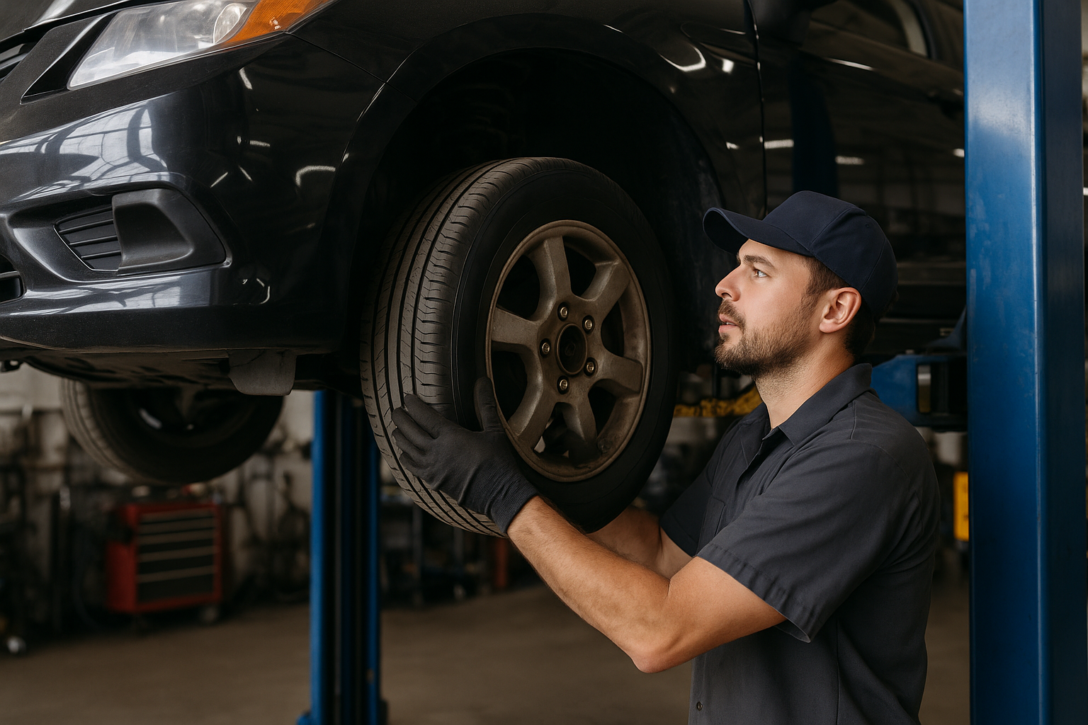 Mechanic working on the tires of one of our used car vehicles in the workshop of World Automotive.