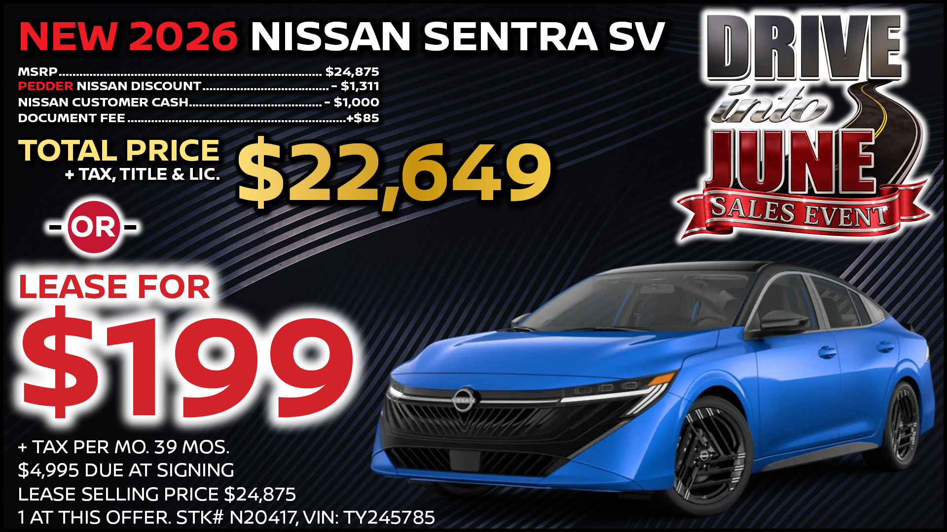 2026 Nissan Sentra SV Lease Special