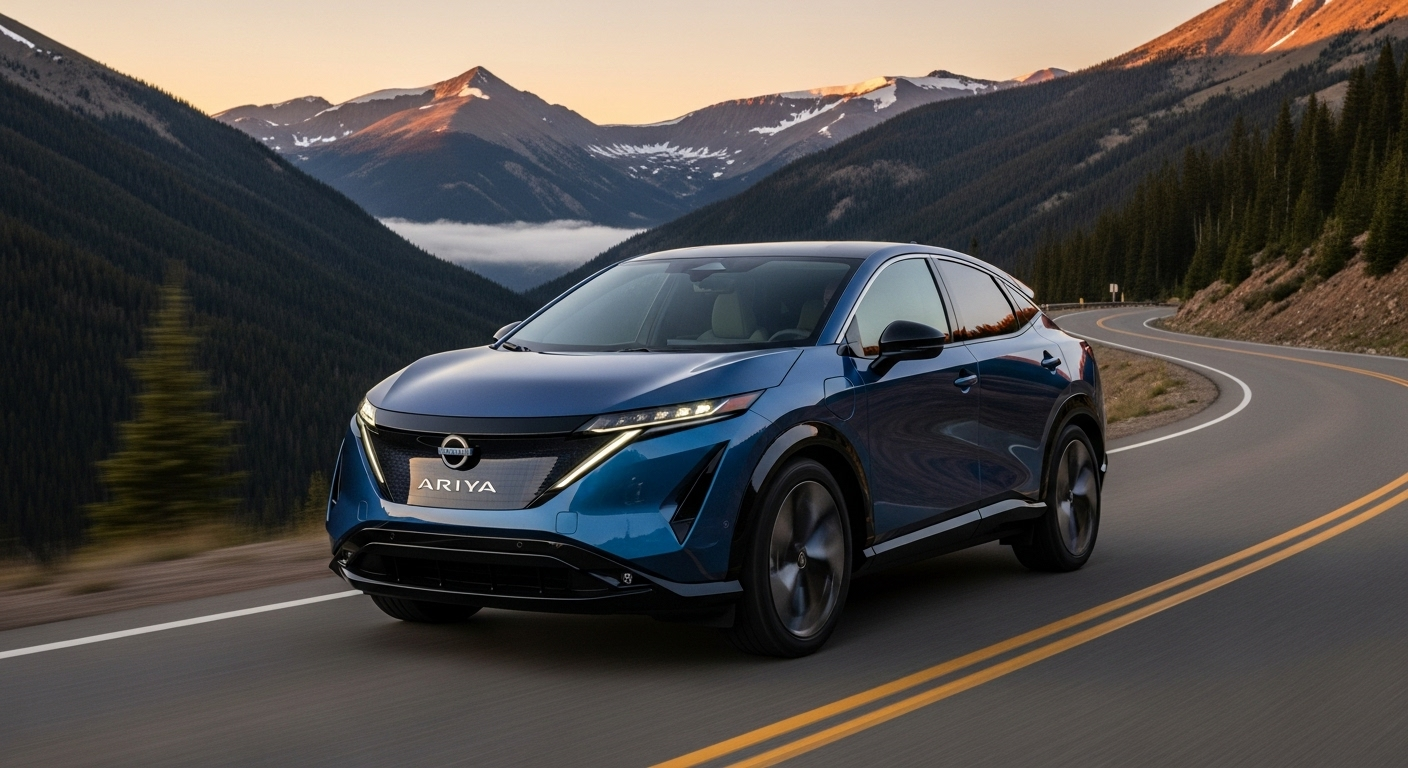Lifestyle photo of a 2025 Nissan ARIYA electric SUV driving along a scenic Colorado mountain road at dawn, showcasing its sleek crossover profile, LED lighting, and zero-emission confidence.