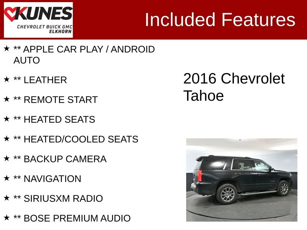 Used 2016 Chevrolet Tahoe LTZ with VIN 1GNSKCKCXGR149704 for sale in Elkhorn, WI