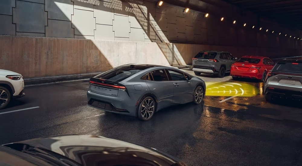 Grey 2023 Toyota Prius Prime XSE Premium is shown with simulated sensor lines