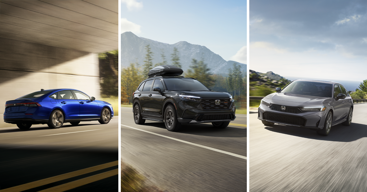 A blue Honda Accord Hybrid, a black Honda CR-V Hybrid and a grey Honda Civic Hybrid